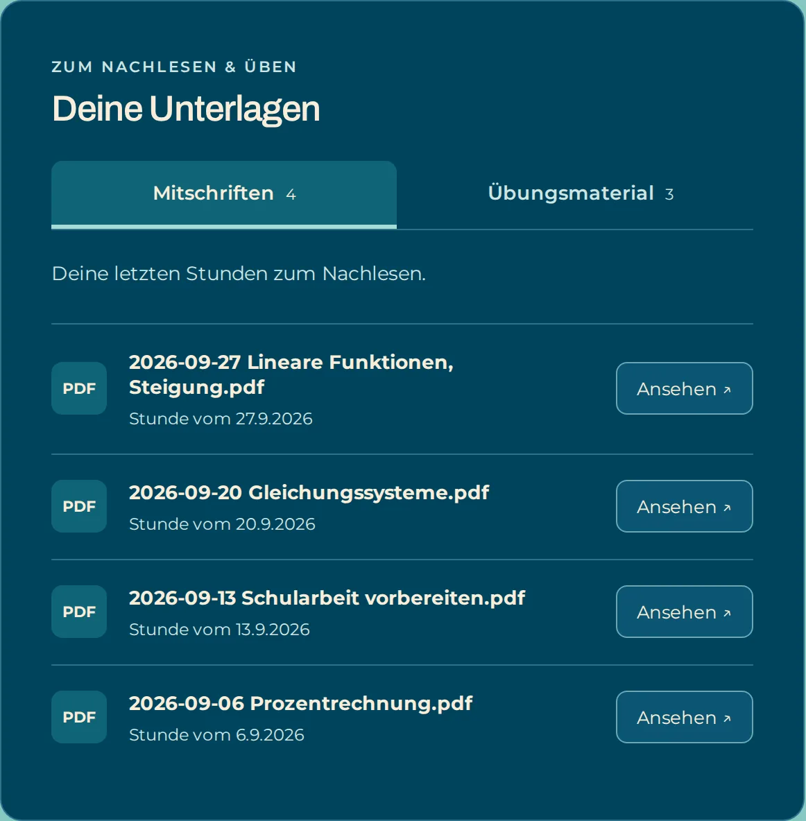 Karte „Deine Unterlagen“ mit Mitschriften der letzten Stunden als PDF